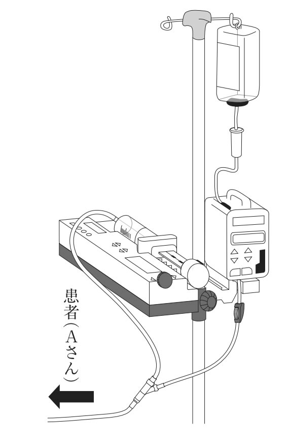 Aさん（78歳、男性）は、尿路感染症（ urinary tract infection ）による敗血症（ sepsis ）で入院し、5日が経過した。中心静脈ラインから輸液ポンプを使用して乳酸加リンゲル液が投与され、その側管からシリンジポンプを使用してノルアドレナリンが投与されている。 朝9時、日勤の看護師が訪室したとき、シリンジポンプの閉塞と輸液ポンプの気泡混入の、2つのアラームが作動した。ノルアドレナリンの入ったシリンジは残量があり、乳酸加リンゲル液のボトルが空になっていた。各ポンプおよび各輸液ラインの状況を図に示す。 看護師がアラームを停止した後に行うこととして最も優先度が高いのはどれか。